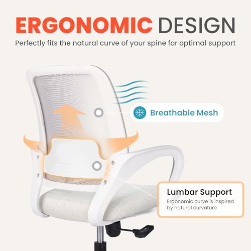 NEO Chair Office Desk Ergonomic Mesh Computer Chair with Lumbar Support Adjustable Height Swivel Rolling Wheels Comfy Mid Back Task Chair for Home Bedroom Vanity Study (Ivory)