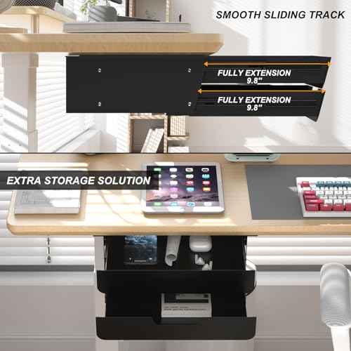 Under Desk Mounted Sliding Double Layer Drawer with Tilt Panel to Pull Out, 11.6'' Long & 10.4'' Deep Dual Storage Organizer for Sit Stand Workstation