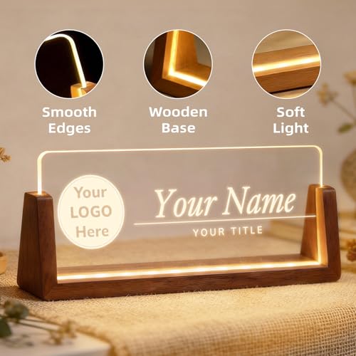 Personalized Light Up Acrylic Desk Name Plate with Walnut Base - LOGO Edition