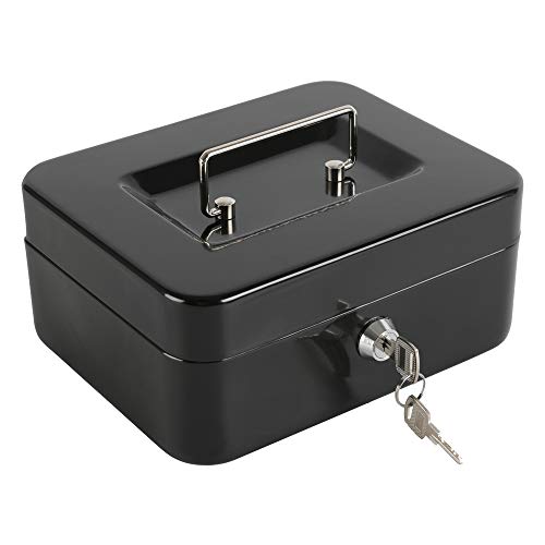 xydled Black Metal Cash Box with Key Lock, Medium Secure Storage for Coins & Bills