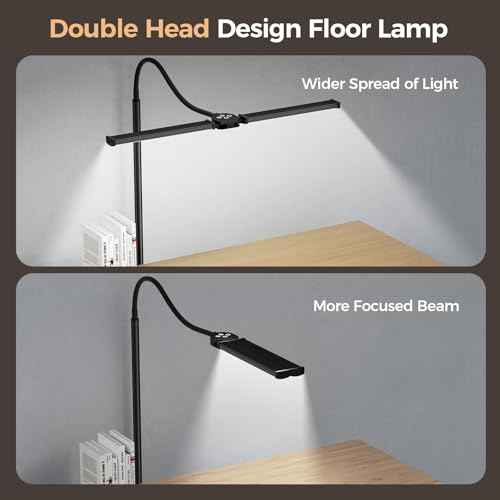 LED Floor Lamp for Living Room, Bright Reading Lamps for Office, Adjustable Colors Temperatures&Brightness, Dual Head Gooseneck Standing Lamp, Remote and Button Control£¬Eye-Caring Tall Lamp, Black
