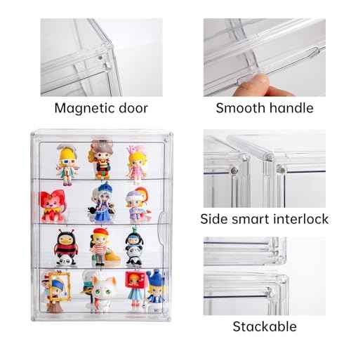 3X-Large 4 Tiers 17.7"X13"X13" Acrylic Display Case with 3 Division Boards, Clear Organizer Box Plastic Holder with Magnetic Door for Handbags, Purses, Boots, Figures, Book