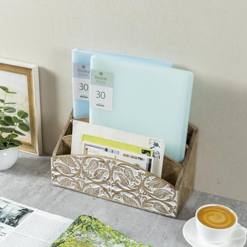 MyGift 3 Tier Rustic Solid Mango Wood Desk Mail Holder and Stationery Sorter with Hand Carved Leaf Pattern, Decorative Office Desktop Document Storage Organizer - Handcrafted in India