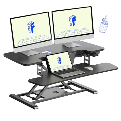 FLEXISPOT 35-Inch Black Electric Standing Desk Converter with Large Workstation