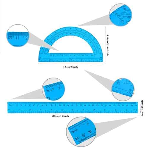 2 Packs 12 Inch Plastic Ruler and 6 Inch Plastic Protractor Set Clear Math Geometry Set Classroom Set Angle Detector School Supplies Classroom Ruler Home Office Drawings (Blue)