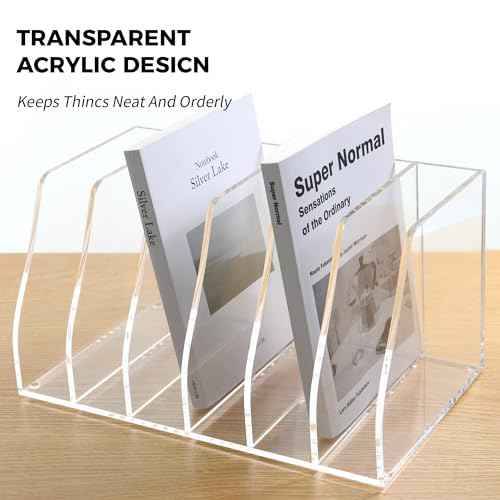Acrylic Magazine File Holder, 6 Vertical Compartments Desk Document Sorter Organizer, Clear Folder Rack Binder for Office/Home/Classroom, for Documents, Tablet, Magazines, Books & Accessories