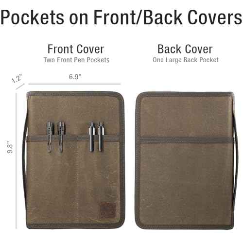 A5 YKK Zipper Notebook Journal Planner Sketchbook Cover for 5.5 x 8.25 Moleskine Cahier 5 x 8 legal note pads A5 LEUCHTTURM, Pen Loop, Water Resistant Cover, Classy Waxed Canvas, Olive