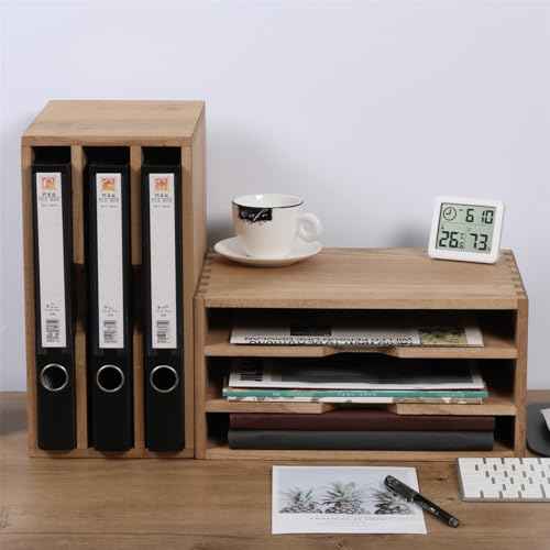 3-Tier Paper Storage Letter Tray File Sorter - Wood Desktop Document Organizer Holders with Mail Sorter, School & Home Magazine File Dividers, Book Rack Shelf Stand for HD-SJ3K (Light)