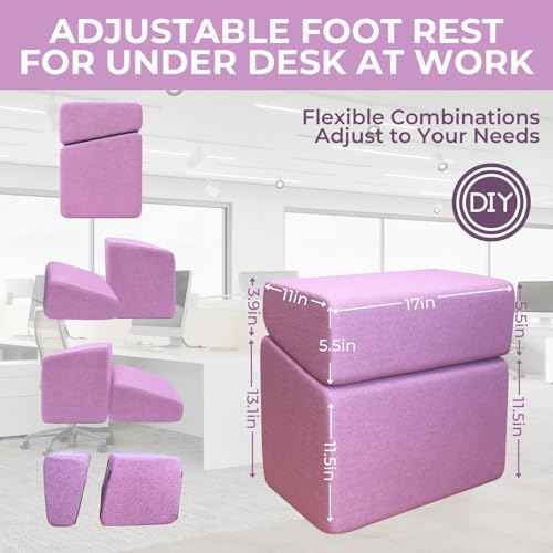 Purple Adjustable Foot Rest for Under Desk at Work ? Ergonomic Linen Memory Foam Footrest Pillow with Breathable Washable Cover, DIY Height Adjustment for Office Chair, Gaming, Home & Travel Use