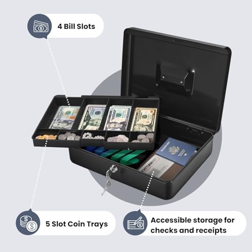 Flexzion Black Cash Box with 9-Compartment Tray, Lock & Key – Portable Money Box for Checks & Coins