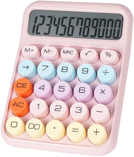 Pink Mechanical Switch Calculator with Large LCD Display, 12 Digit Desktop Office Calculator for Teachers Students