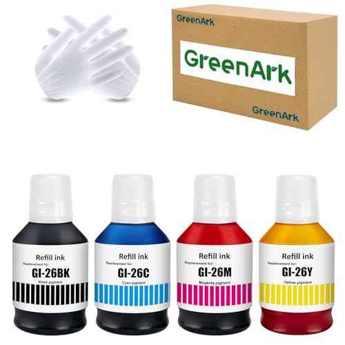 GREENARK GI-26 GI26 Ink Compatible for Canon GI-26 Refill Bottle Ink Replacement for Canon MAXIFY GX3020 GX4020 GX5020 GX5520X GX6020 GX6021 GX7020 GX7020X GX7021 (4 Packs,Black Cyan Magenta Yellow)