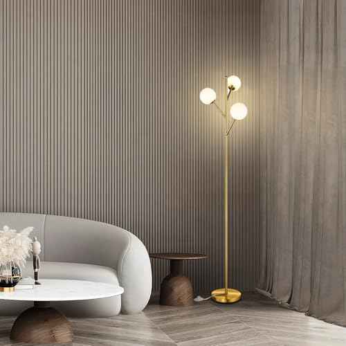 Globe Mid Century Tree Floor Lamp with 3 Light Bulbs,70in Tall Standing Glod Floor Lamp with Frosted Glass Shade for Living Room,Office,Bedroom, Study Room, Hotel, Antique Brass Lighting