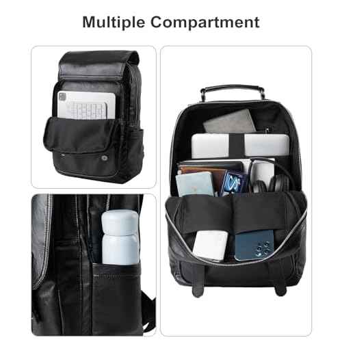 Leather Backpack fits 15.6 Inch Laptop Vintage Backpack Waterproof Flap Bookbag for Men Leather Travel Backpack for Men Casual Knapsack Black