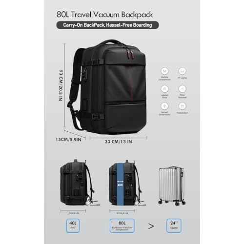 Vacuum Seal Backpack Travel with Built-in Pump 80L Expandable Travel Backpack with Vacuum System, TSA Lock Water Resistant Carry-On Backpack
