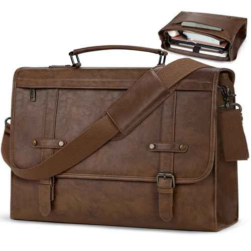 RAINSMORE Mens Messenger Bag 17 Inch Waterproof Vintage Leather Laptop Briefcase Large Computer Laptop Bag Satchel Bag Retro Shoulder Bag,Brown