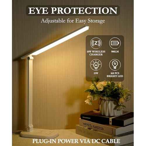 LED Desk Lamp with Wireless Phone Charger, 21W Touch Control Dimmable Lamp, 5 Brightness and 3 Color Modes, Powered via DC Charging Cable (White)