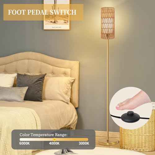 Floor Lamp for Living Room,Farmhouse Rattan Floor lamp,Modern Standing lamp with 3 Color LED Bulb,Gold Tall Lamp with Foot Switch