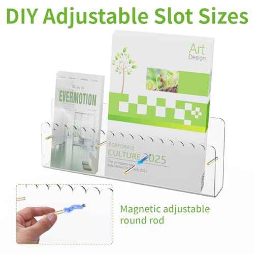 Brochure Holder Wall Mount, 2 Pack Acrylic Modular Flyer with Adjustable Magnetic Golden Bolt, Wavy Lace Pamphlet Display Stand for Organizer Trifold Flyer, Document, Leaflet, 3 Slots