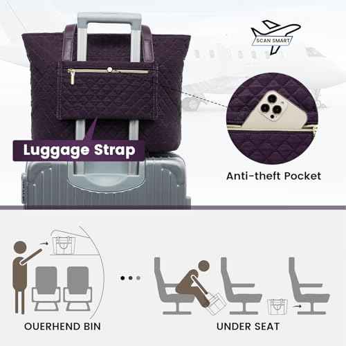 LOVEVOOK Laptop Bag for Women, Stylish Diamond Quilted Work Tote with Clutch Purse, 15.6-inch Purple Tote
