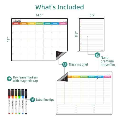 Magnetic Dry Erase Monthly Calendar Set - 14.5"x11" Monthly and Weekly Calendar, 6.5"x8.5" List Board for Fridge - 6 Extra Fine Point Markers Included - Shipped Flat