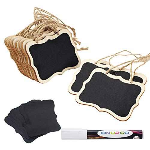 ONUPGO 16 Pack Chalkboard Tags with String, 4"x3" Hanging Chalkboard Signs with Liquid Chalk Marker, Wooden Mini Blackboard Tags Massage Board Tags, Hanging Chalkboard Price Tags