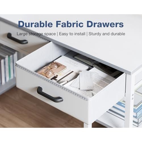Casaottima Small Office Desk with Fabric Drawers, Computer Desk with Storage Shelves, Modern Writing Table, 48" Home Desk, Pure White
