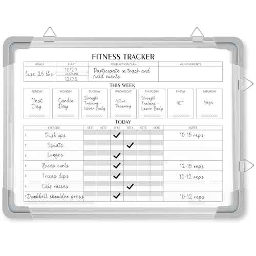 Lincia 24 x 18 Inch Fitness Tracker Whiteboard Workout Calendar for Home Gym Dry Erase Planner Hanging Removable to Do List for Wall Whiteboard with Aluminum Frame for Gym Fitness Program(Style A)