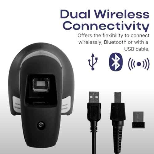 Barcode Scanner, Wireless and Bluetooth 1D and 2D Code Reading, Long Wireless Range 65m, 1200mAh Battery, USB, High Speed Scanning for Inventory and Point of Sale