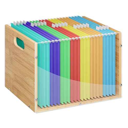 Clear Acrylic File Box Organizer, Bamboo Hanging Folder Storage Boxes, Filing Crate Bin Holder with Handle for Home Office Desk, Letter Size