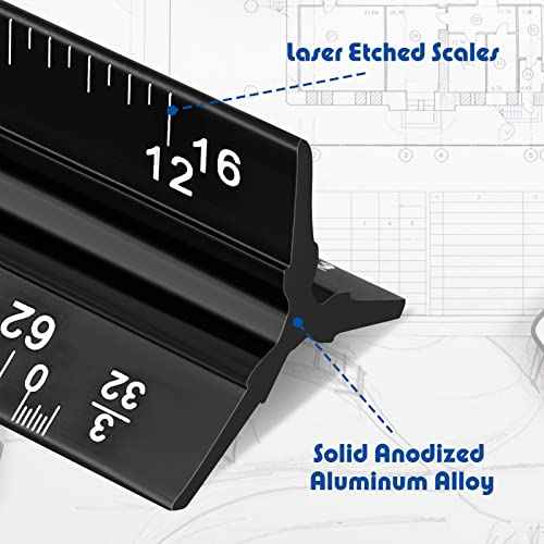 Macarrie 10 Pcs Architectural Scale Triangular Ruler 12" Architect Engineers Scale Ruler Set Aluminum Metal Ruler with Imperial Measurements for Architect Student Draftsman Engineer (Black)