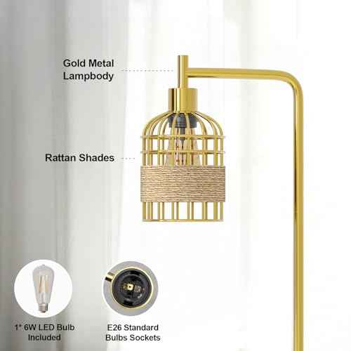Oneach 66" Gold Floor Lamp for Living Room, Industrial Floor Lamp with LED Buld, Rattan Shade, Foot Switch, Minimalist Farmhouse Tall Standing Lamp for Bedroom, Office, Study Room