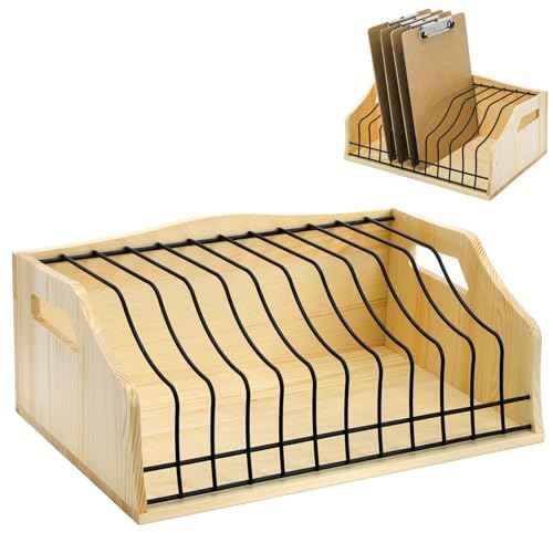 Youeon Vertical Clipboard Holder, 12 Slots Wood and Metal Clipboard Storage Rack, Desk File Organizer with Side Panel for Home, Office, School, No Assembly Required