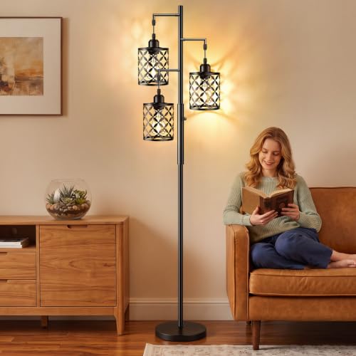 GHOOCEMLUX 68-Inch Black Dimmable Farmhouse Floor Lamp with Quatrefoil Shades, 3 LED Bulbs Included