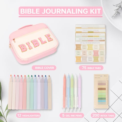 Bible Cover Case for Women Bible Study Supplies Large Preppy Chenille Pink Leather Bible Carrying Tote Bag Letter Bible Case Christmas Christian Gifts for Women Girls (Pink, Large)