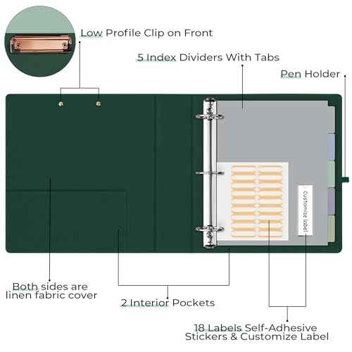 EYROZILL 3 Ring Binder 2 Inch, Binder for Letter Size (11" x 8.5") with 5 Tab Dividers, File Folder Labels and Low Profile Clipboards, Blackish Green