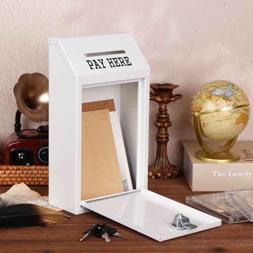White Metal Lockbox Donation Box with Lock Wall Mount for Home Office Outdoor 10.24 x 5.71 x 2.95 Inch