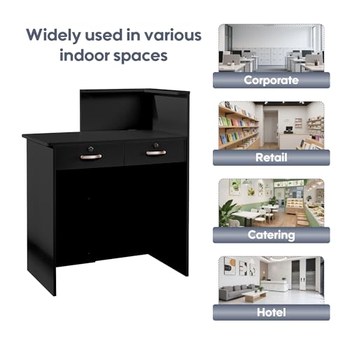 Zethvax Reception Desk with 2 Lockable Drawers, Black—Compact 31in L x 17.7in W x 29.9in H with Cable Management