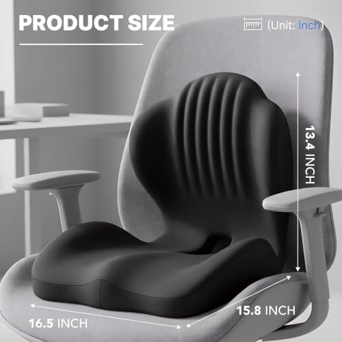 CHANCEE Black Ergonomic L-Shaped Seat Cushion with Lumbar Support for Office Chairs