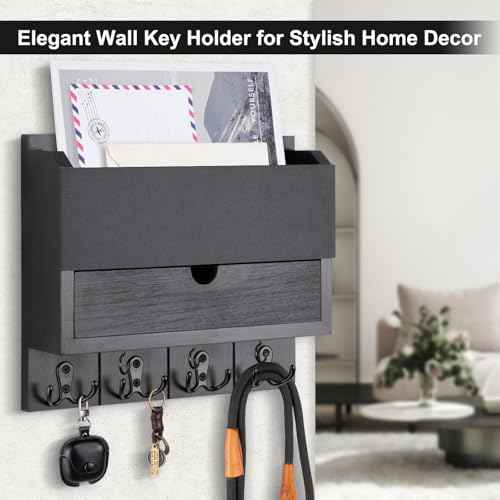 Mail and Key Holder Wall Mount with Storage Drawer ? Modern Wooden Mail Organizer for Wall Entryway, 7 Key Hooks & Chalkboard Panel ? Stylish Home Decor for Apartments, Living Room, Office