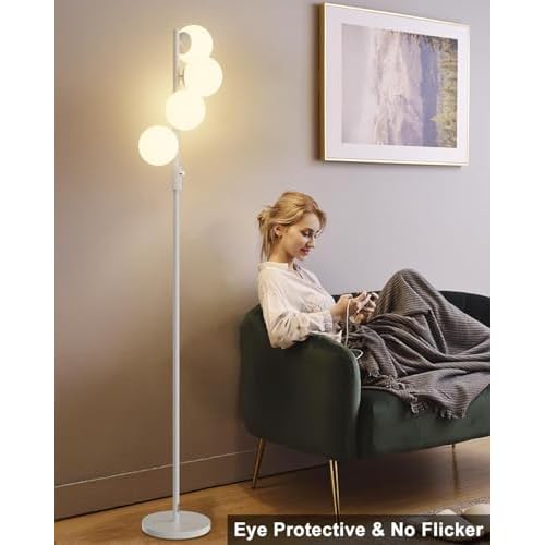 FAITHSAIL 4 Globe Mid Century Floor Lamp, Dimmable Modern Standing Lamp with PC Shade & 4pcs Warm White LED Bulbs, White Tall Tree Lamp for Living Room, Bedroom