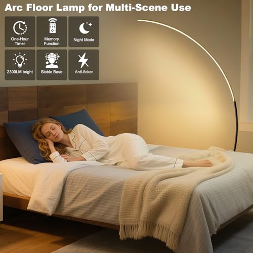 POWROL Arc Floor Lamp, 65" Tall Standing Modern LED Floor Lamps for Living Room, 3000K-6500K Dimmable with Remote, Night Mode, Arched Reading Corner Floor Lamp for Bedroom Office
