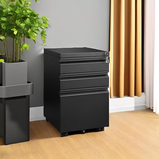 Approgreent 3-Drawer Mobile File Cabinet with Lock - Black, Under Desk Home Office Storage (Variation 02-a)