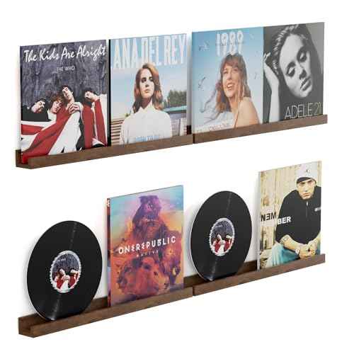 Vinyl Record Shelf Wall Mount 24 inch, Pack of 4 Album Record Holder Display, Wood Floating Shelves for Wall Decor, Album Shelves, Kids Bookshelf, Magazine Rack, Walnut
