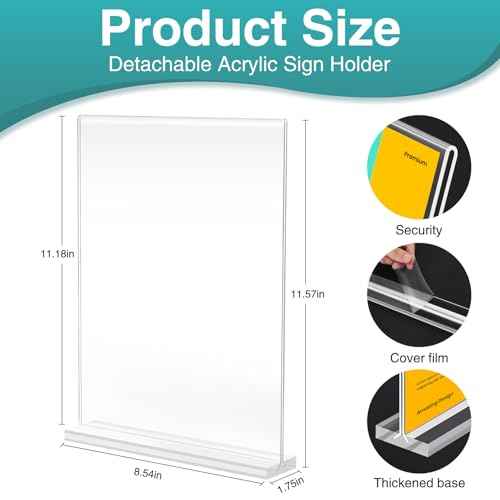 Relx 12 Pack Acrylic Sign Holder 8.5 x 11, Vertical T Shape Plastic Sign Holder with Base, Double-Sided Clear Tabletop Plexiglass Flyer Stands for Restaurant Office Store Home Picture Frame Display