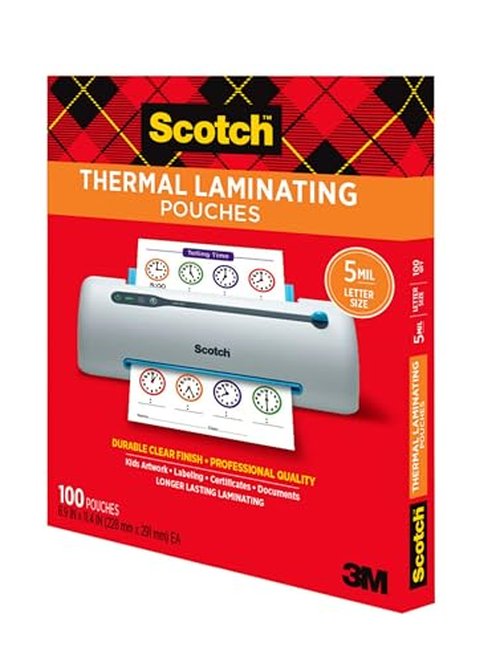 Scotch Thermal Laminating Pouches, 100 Count, Clear, 5 mil, Laminate Business Cards, Small Banners, Essays, Office or School Supplies, Fits Letter Size 8.9x11.4 in Paper