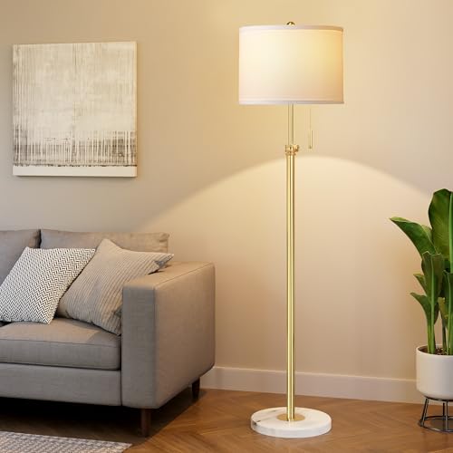 PARTPHONER Floor Lamp for Living Room, 66'' Adjustable Height Standing Lamp with Marble Base, 3-Color Tall Lamps with Pull Chain, Suitable for Bedroom, Reading, Office (Bulb Included, White Shade)