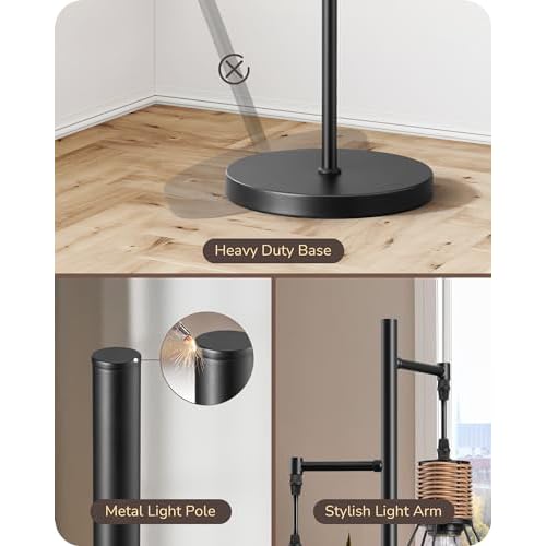 EDISHINE Dimmable Farmhouse Floor Lamp for Living Room, Industrial Black Standing Lamp with 3 LED Edison Bulbs, Corner Rustic Rattan Tall Tree Reading Lamps Home Decor for Bedroom, Office