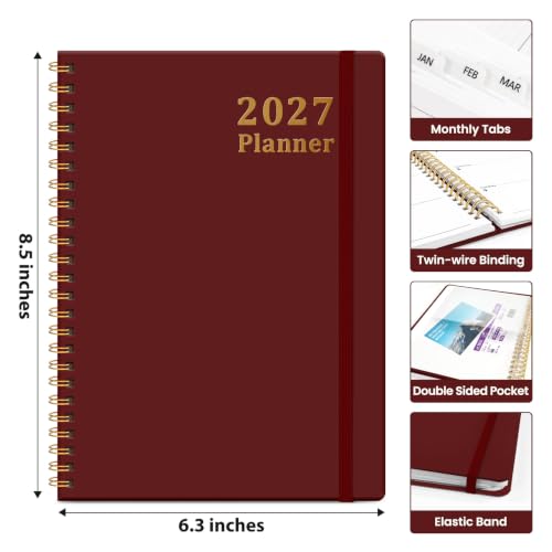 2027 Monthly & Weekly Planner Calendar Book - Jan to Dec with Tabs & Pocket