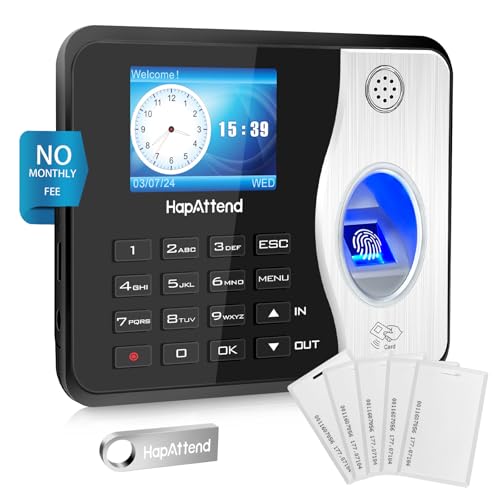 HapAttend Biometric Employee Time Clock with RFID, No WiFi, Auto Hours Calculation